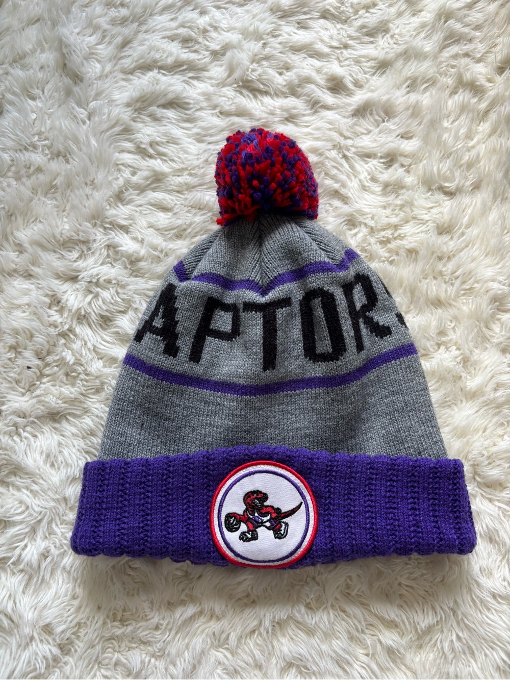 Mitchell & Ness Gray Purple Pom Pom Raptor Cuffed Beanie